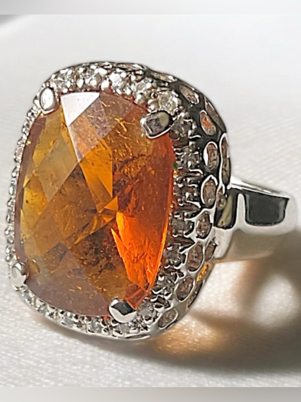 Sterling Silver Faceted Amber Glass Ring Size 7